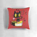 A soft, plush pillow featuring a charming illustration of books, cats, and tea in a retro, kawaii style.