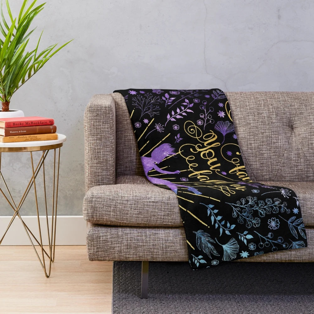 Soft plush blanket with "Books Fall Open" quote and gold foil design