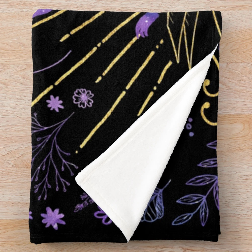 Soft plush blanket with "Books Fall Open" quote and gold foil design