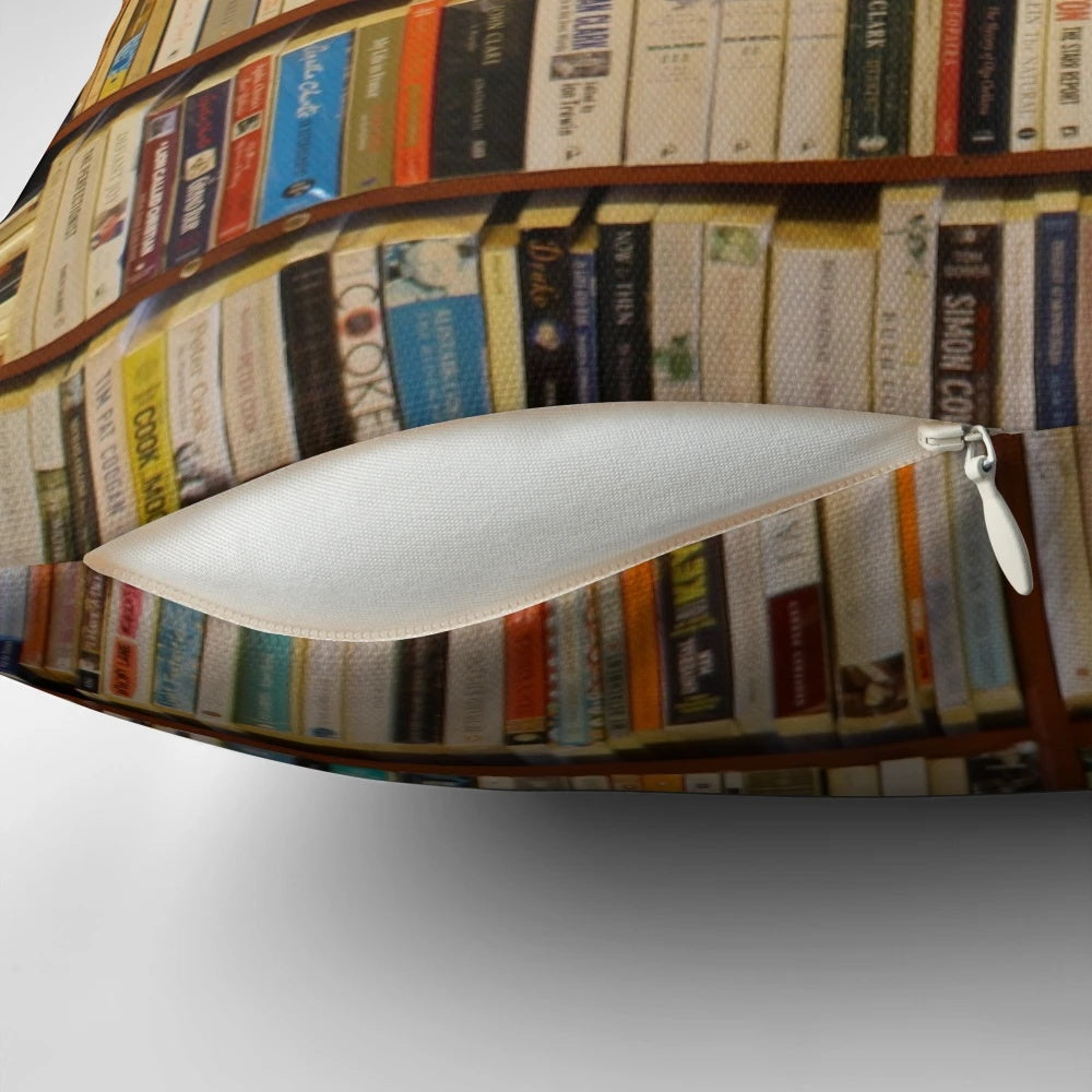 A plush, decorative pillow with a vintage books design, perfect for book lovers and creating a cozy reading nook.