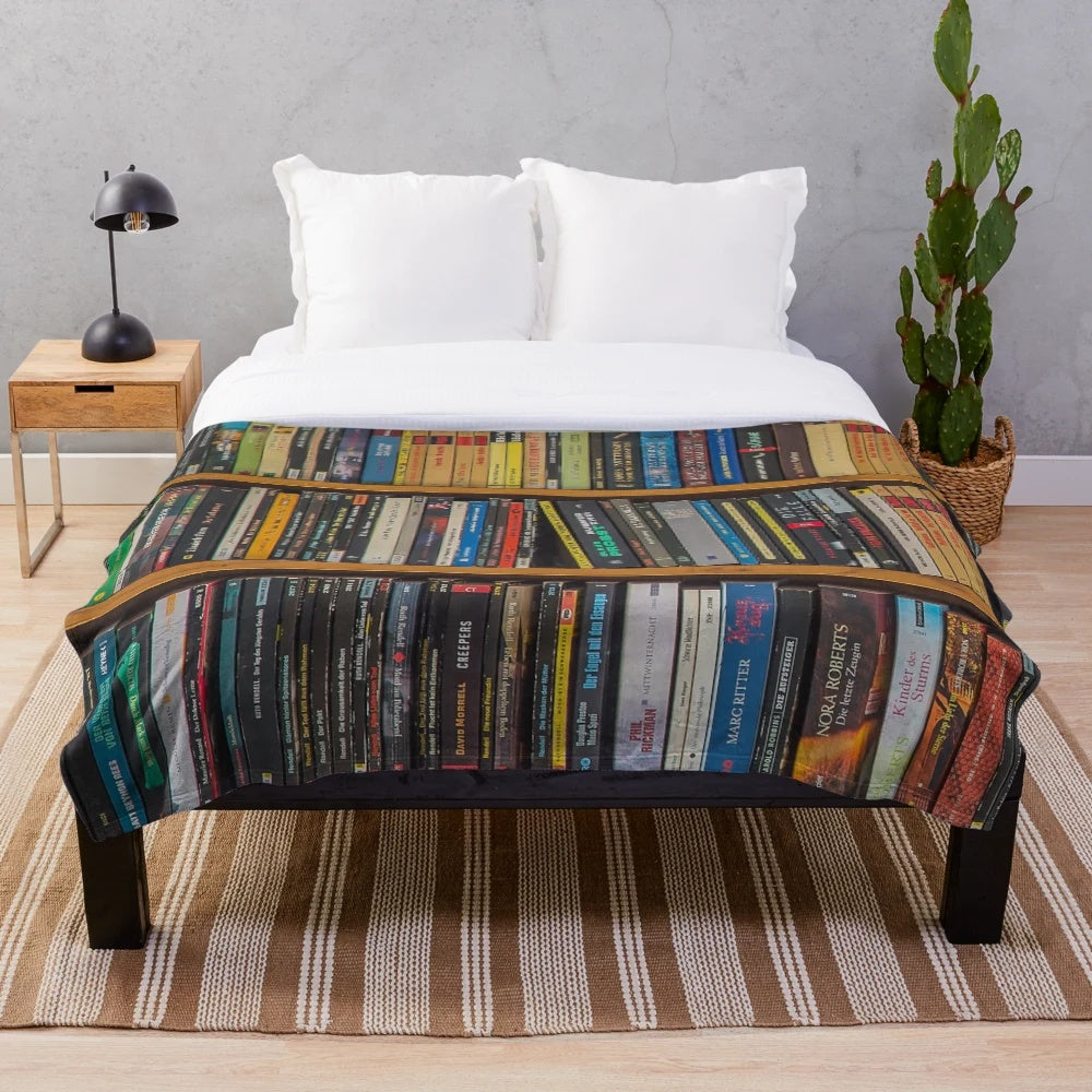 Cozy bookshelf-themed patterned plush blanket for book lovers