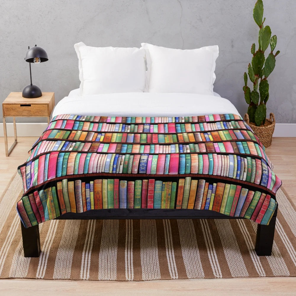 Plush blanket with vintage book and bookshelf design for book lovers