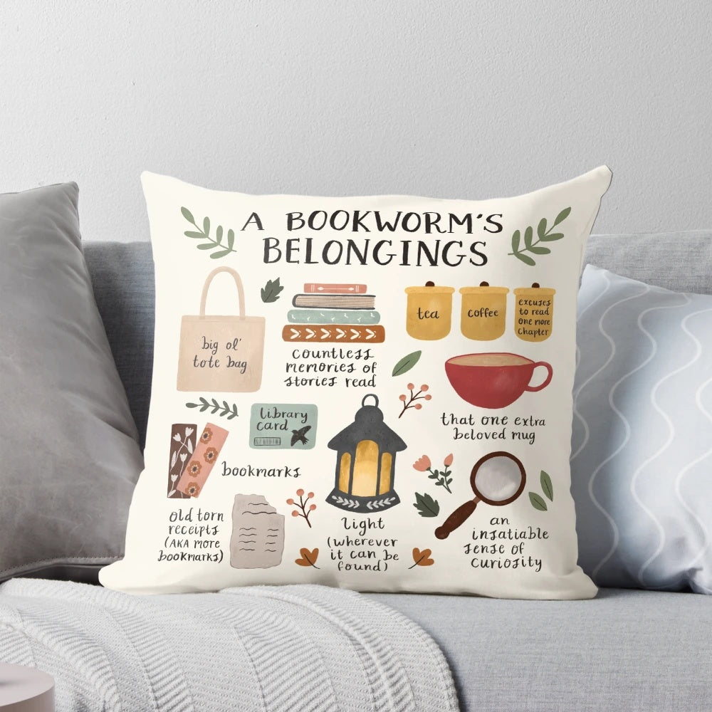 A whimsical pillow featuring a stack of books, perfect for book lovers and bookworms