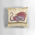 Red and purple dragon-themed pillow with a bookworm design, perfect for reading and studying.