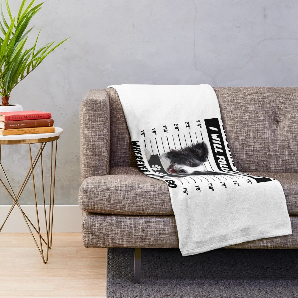 Realistic black and white border collie plush blanket