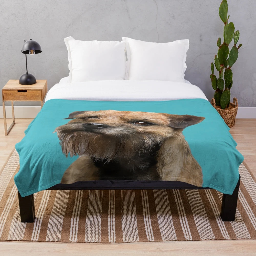 Soft and cuddly plush blanket featuring a border terrier dog portrait