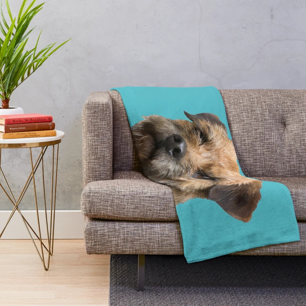 Soft and cuddly plush blanket featuring a border terrier dog portrait