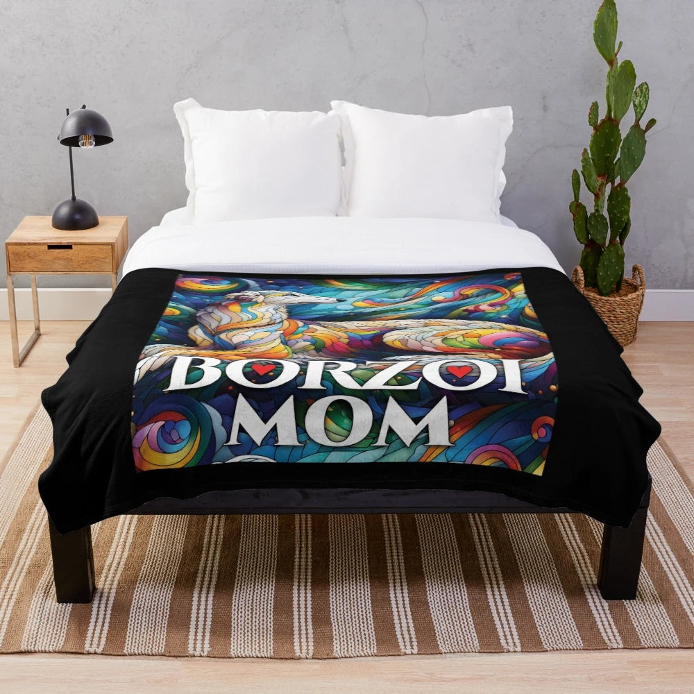 Borzoi dog in a stained glass-inspired design on a plush blanket