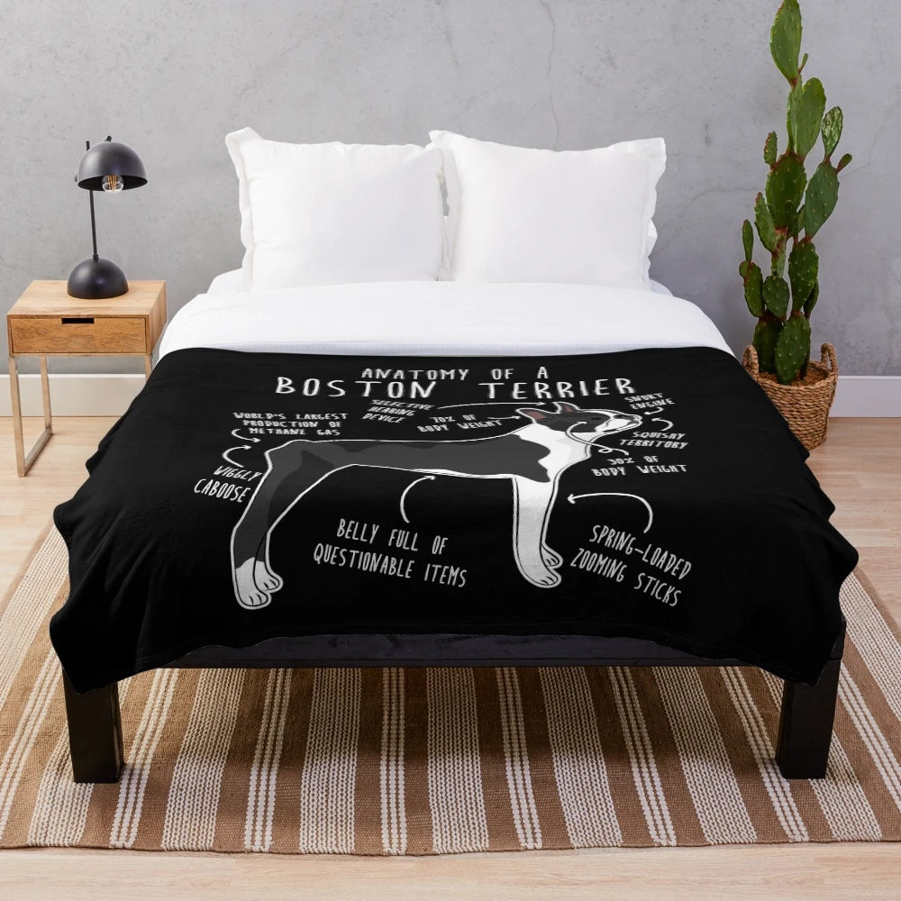 Boston Terrier plush blanket with dog anatomy design