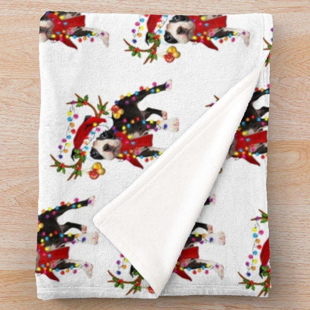 Boston Terrier and Wire Fox Terrier Plush Blanket with Christmas Reindeer Design