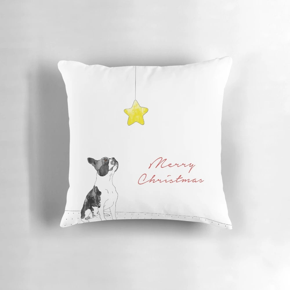 A festive Boston Terrier Christmas-themed pillow with a red and green plaid pattern.