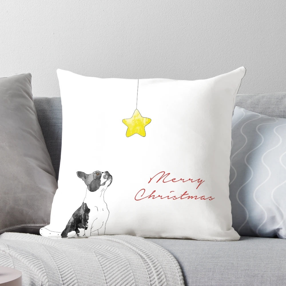 A festive Boston Terrier Christmas-themed pillow with a red and green plaid pattern.