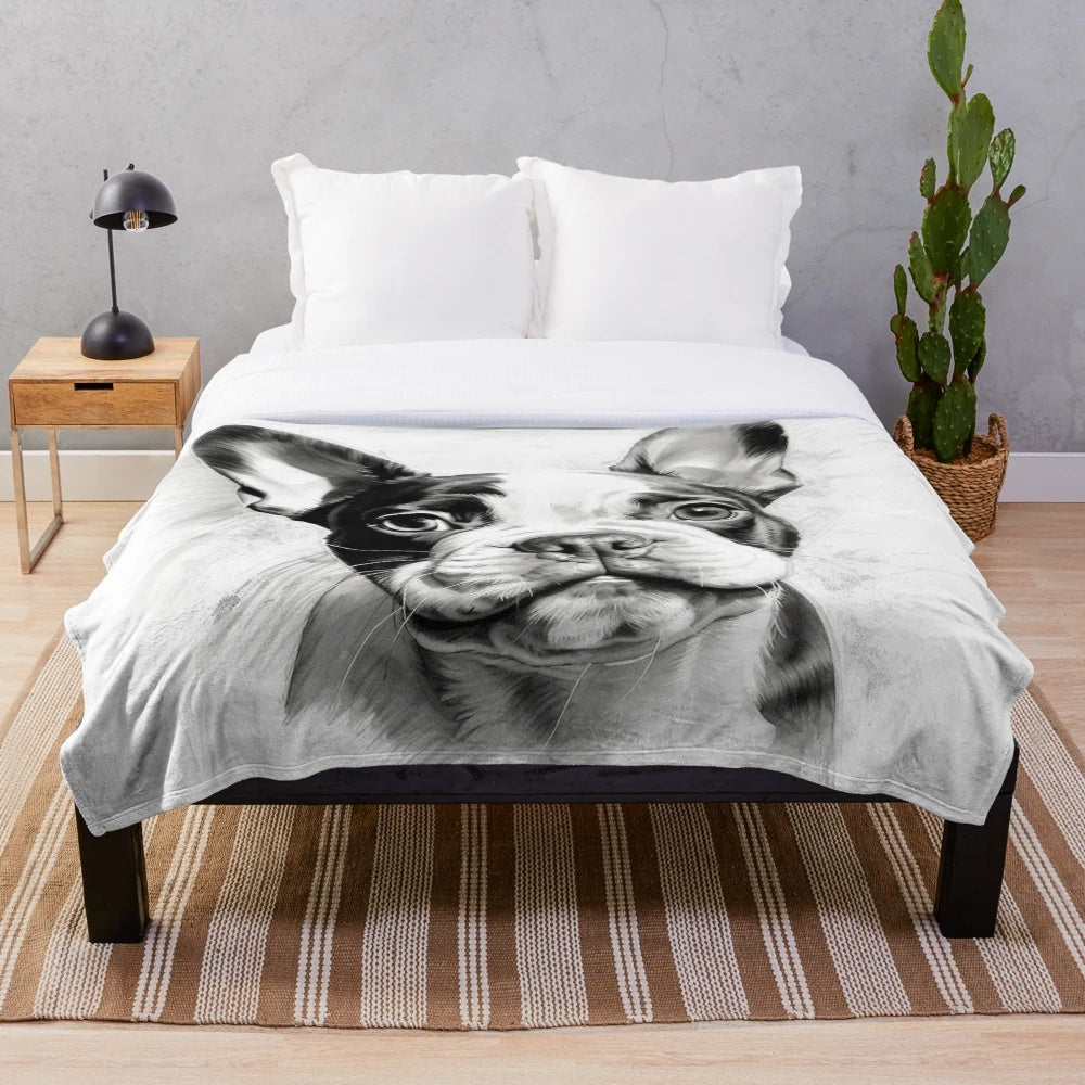 Boston Terrier Plush Blanket with Cute Puppy Eyes
