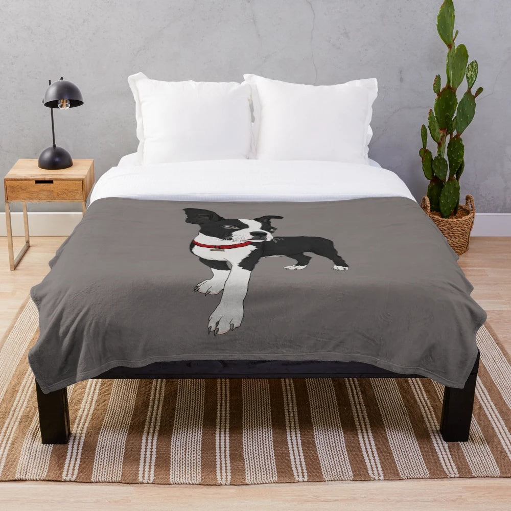 Boston Terrier design plush blanket with paws and collar