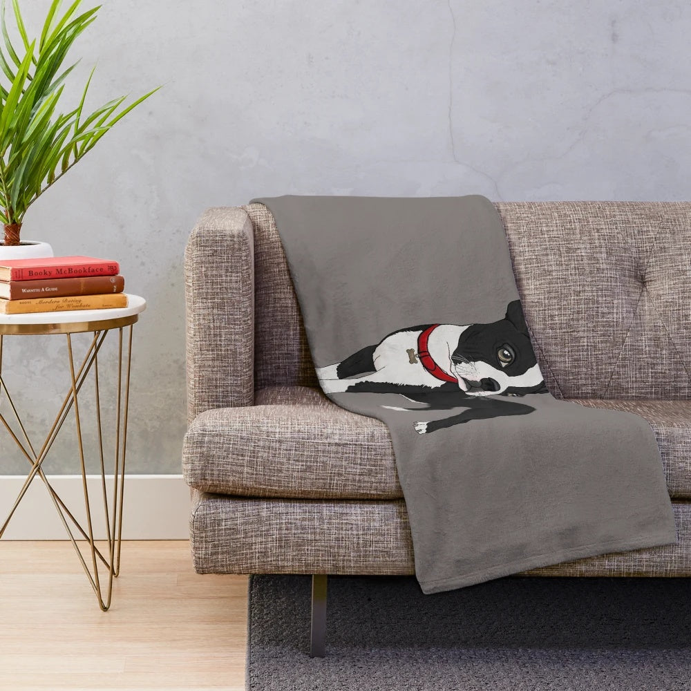 Boston Terrier design plush blanket with paws and collar