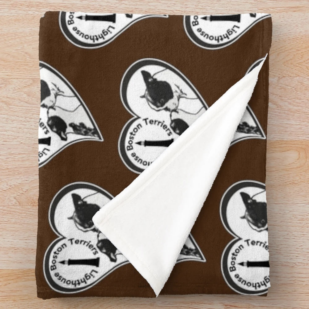 Brown-colored Boston Terrier plush blanket with lighthouse designs