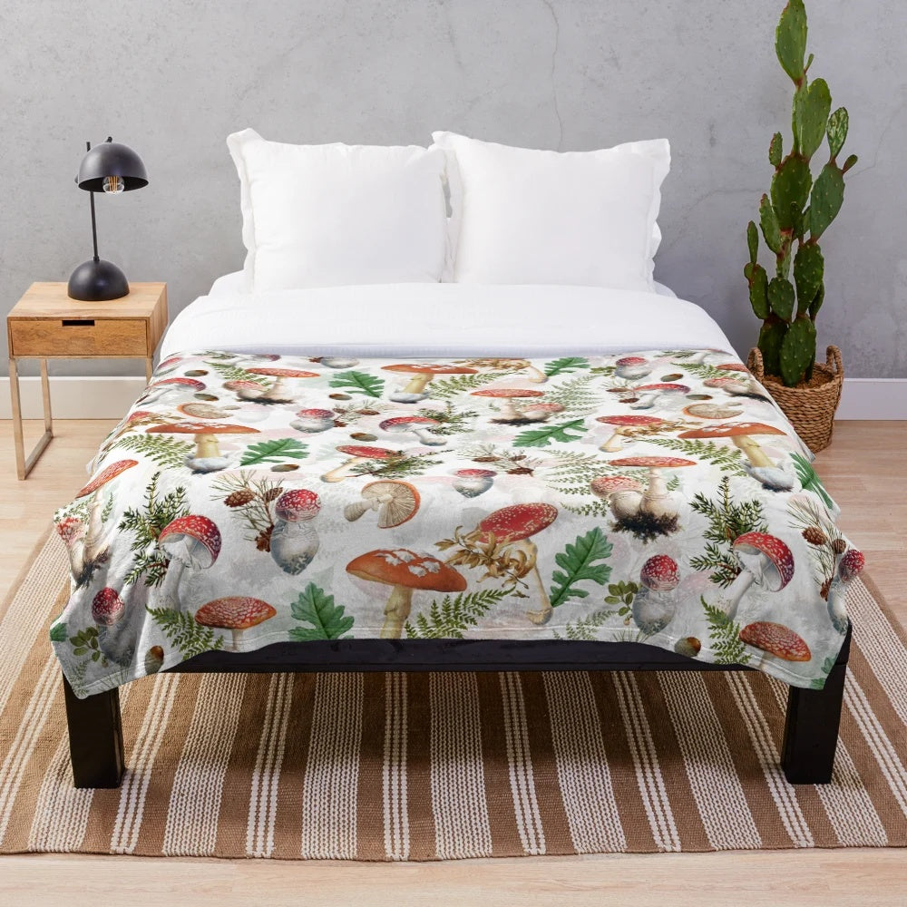 Cozy plush blanket featuring a botanical garden design with mushroom pattern
