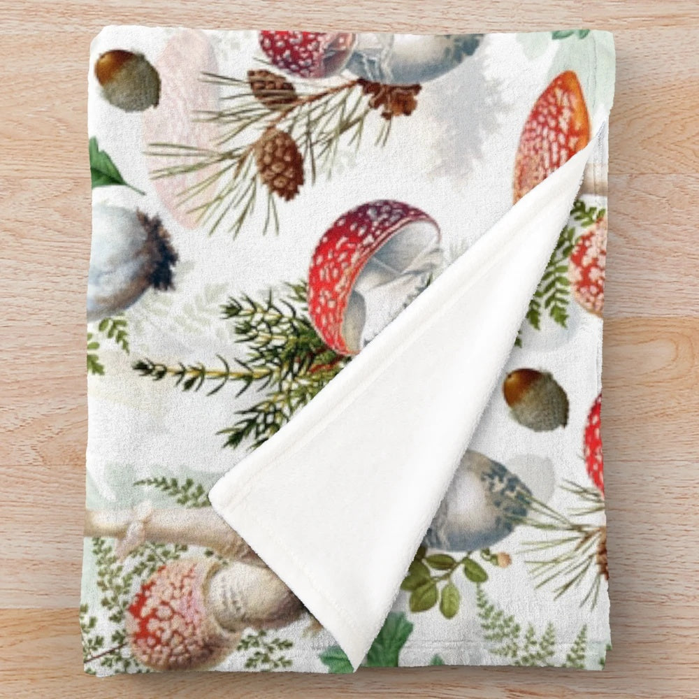 Cozy plush blanket featuring a botanical garden design with mushroom pattern