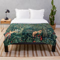 Soft and warm plush blanket featuring a vintage-inspired botanical design with forest animals like foxes and hares