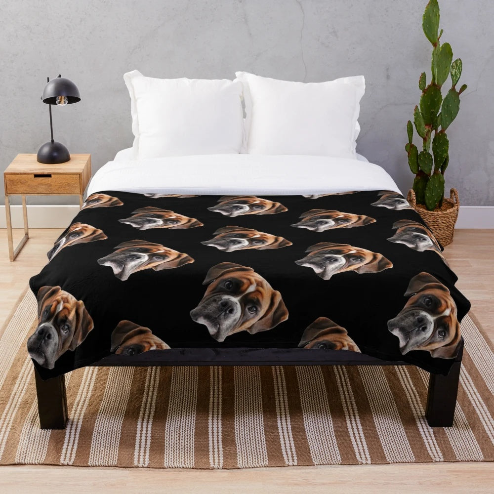 Boxer dog plush blanket with a classically turned face