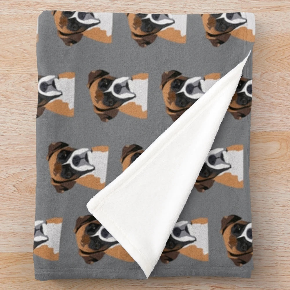 Realistic portrait of a boxer dog on a plush blanket