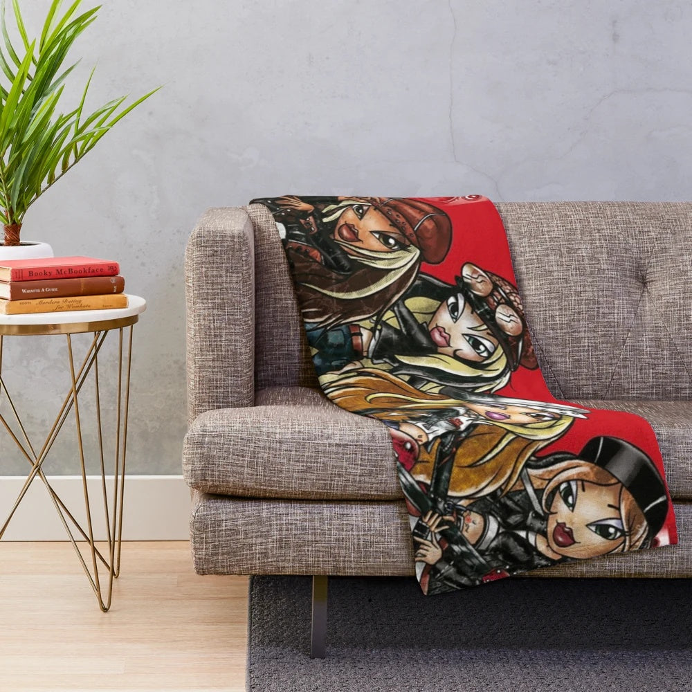 Bratz Rock Angelz inspired plush blanket with cartoon characters