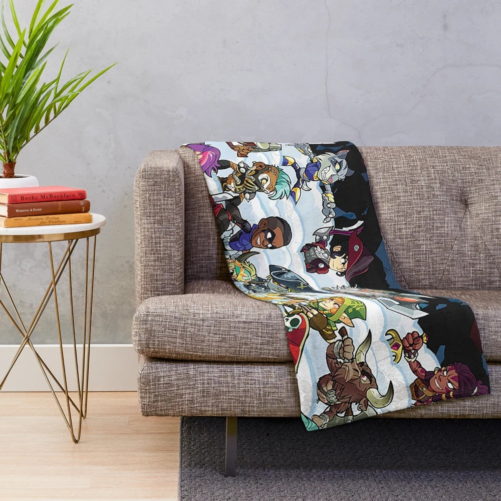 Brawlhalla-inspired plush blanket featuring game characters
