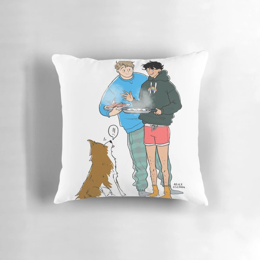 Soft, plush pillow with a breakfast-themed design, perfect for fans of the "Heartstopper" series by Alice Oseman.
