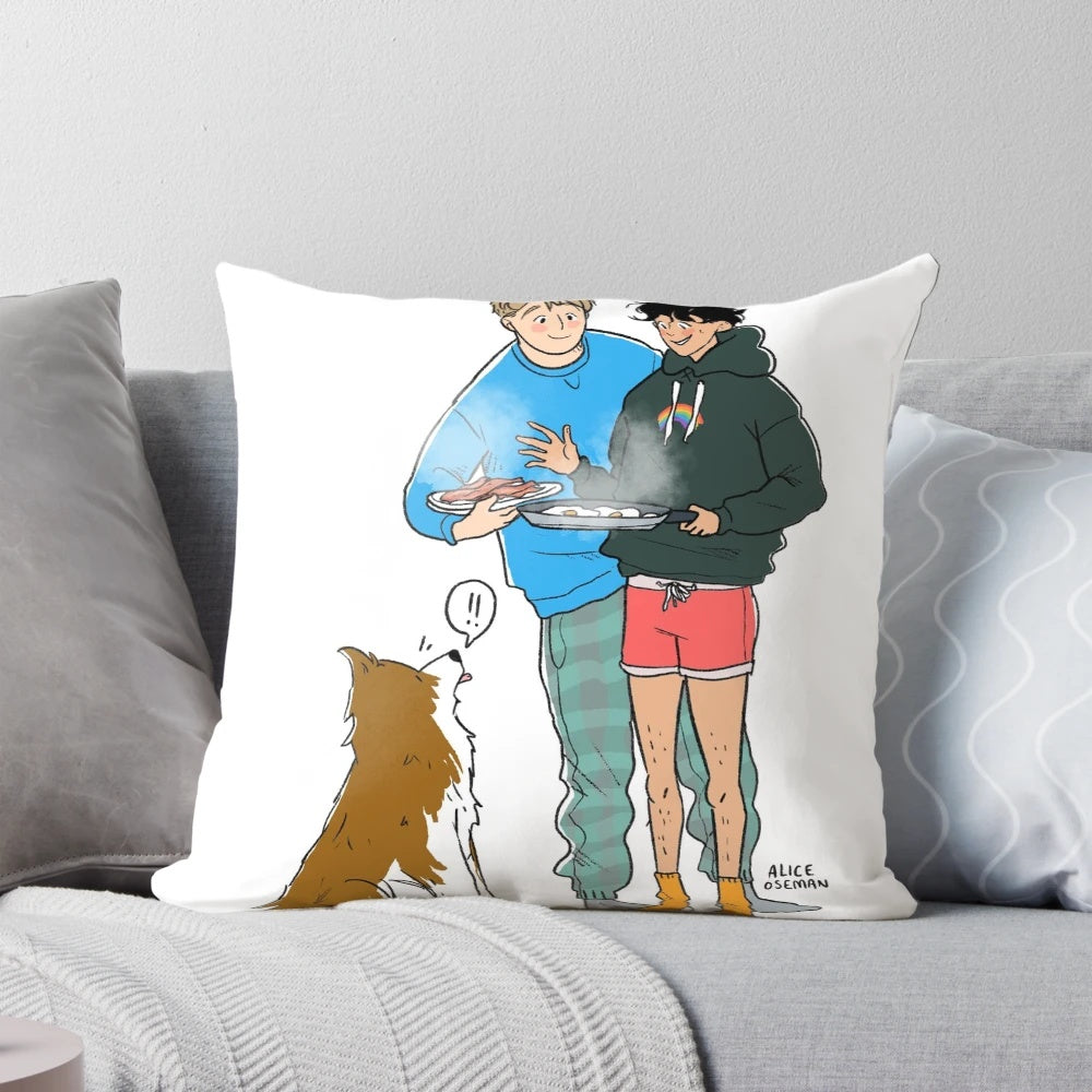 Soft, plush pillow with a breakfast-themed design, perfect for fans of the "Heartstopper" series by Alice Oseman.