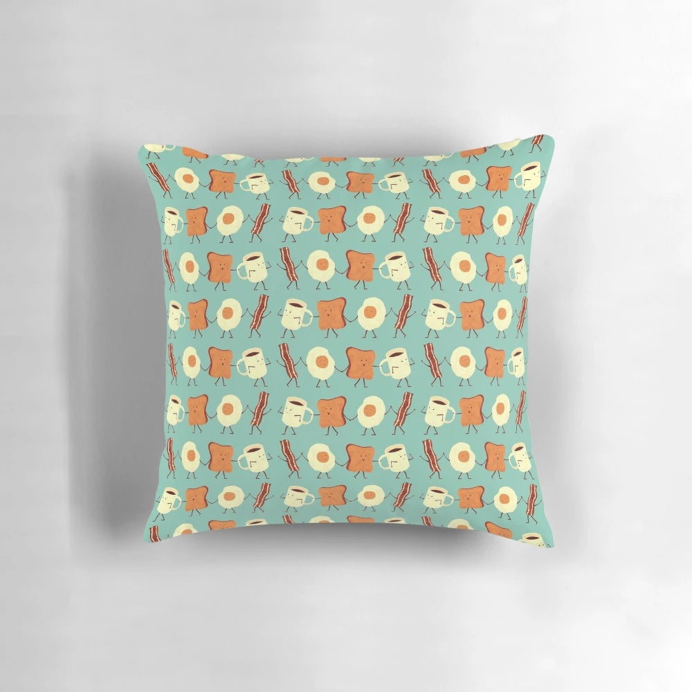 Colorful breakfast-themed decorative throw pillow with text "Let's All Go And Have Breakfast