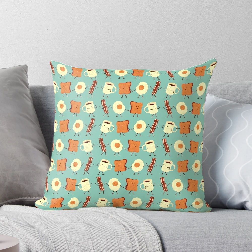 Colorful breakfast-themed decorative throw pillow with text "Let's All Go And Have Breakfast