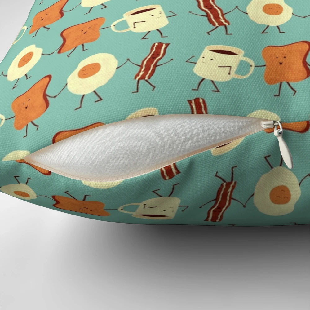 Colorful breakfast-themed decorative throw pillow with text "Let's All Go And Have Breakfast