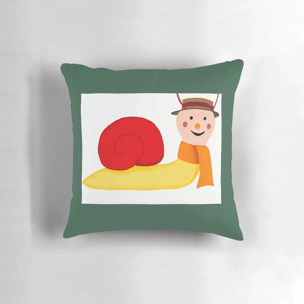 A soft, plush pillow featuring a friendly snail character named Brian, perfect for adding a touch of whimsy to any bedroom or living space.