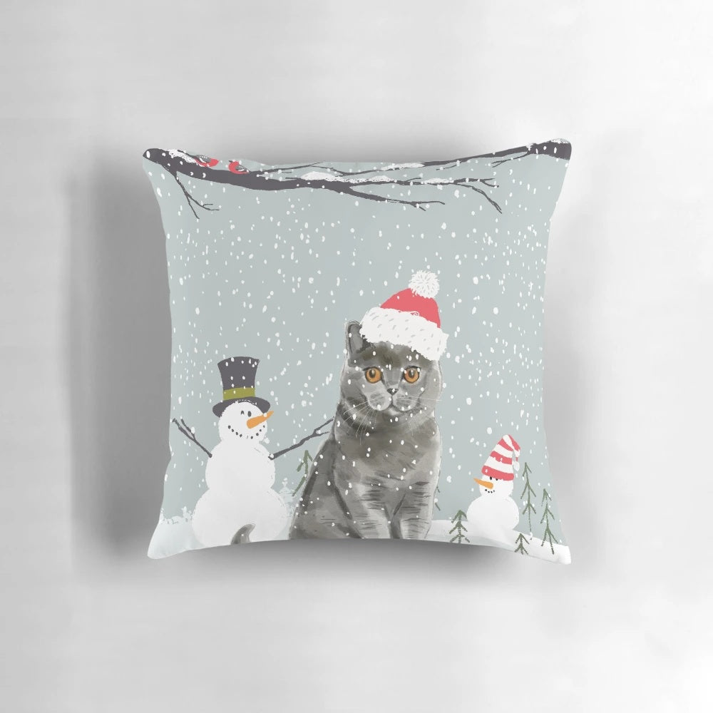 Plush British Shorthair cat-themed Christmas pillow with snowy scene