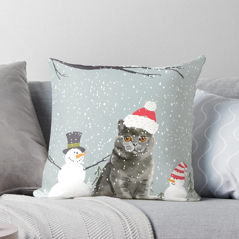 Plush British Shorthair cat-themed Christmas pillow with snowy scene
