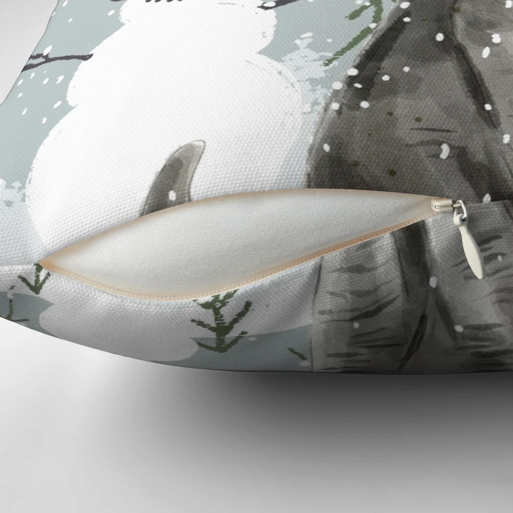 Plush British Shorthair cat-themed Christmas pillow with snowy scene
