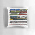 British train themed decorative pillow with various locomotive designs