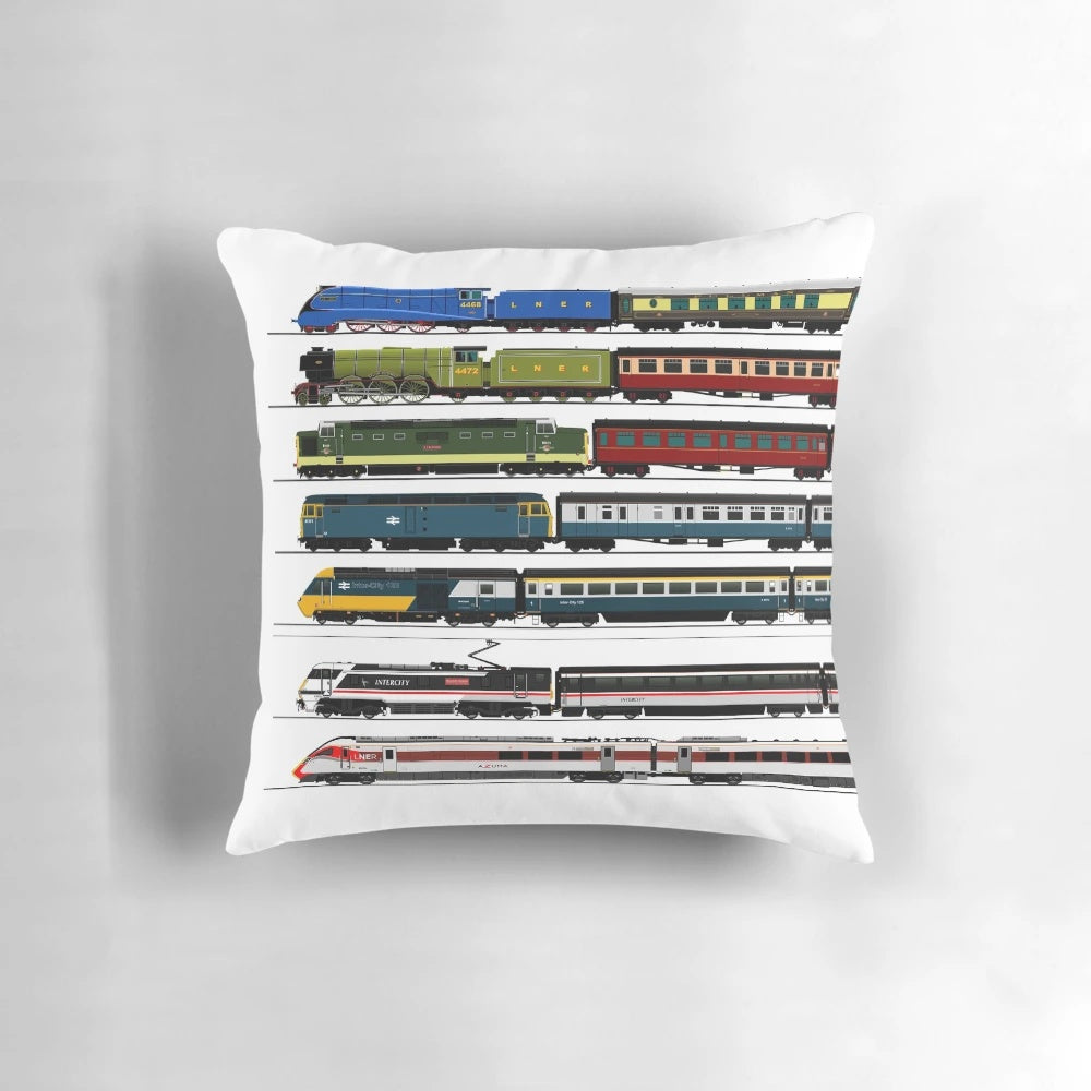 British train themed decorative pillow with various locomotive designs