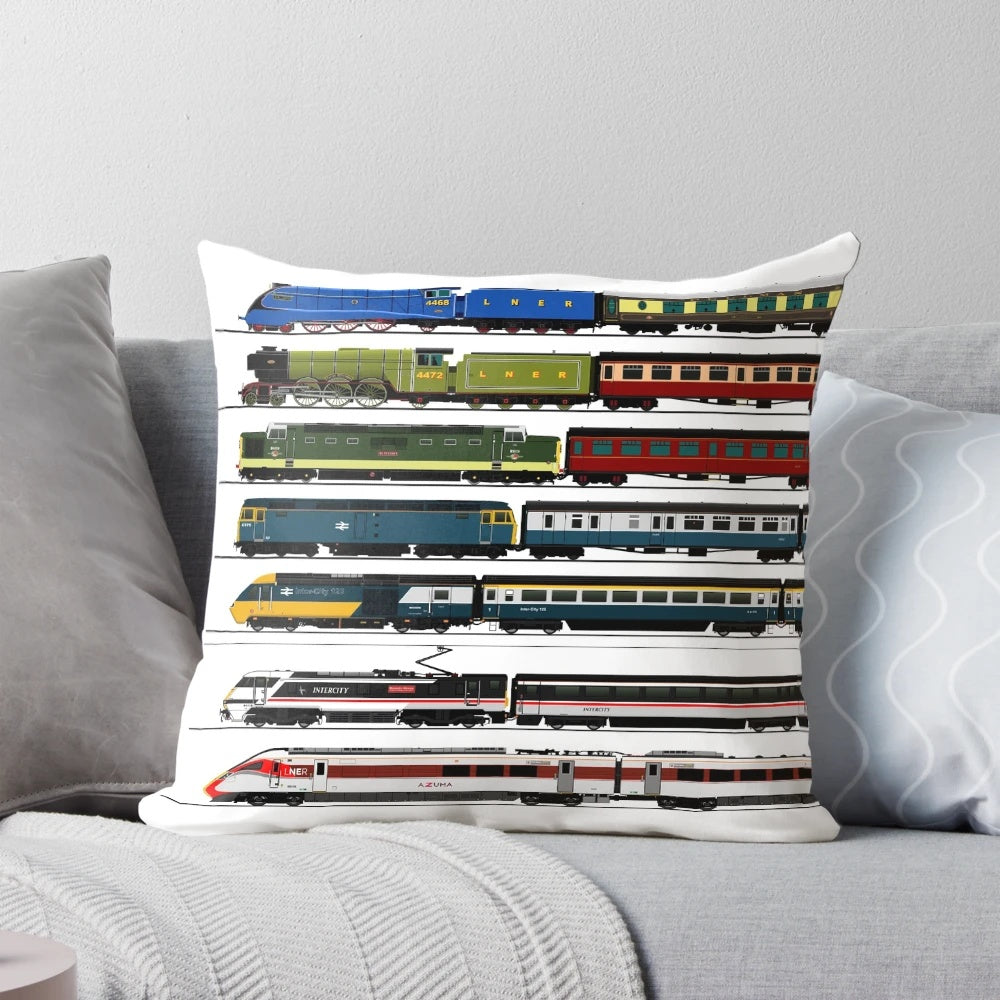 British train themed decorative pillow with various locomotive designs