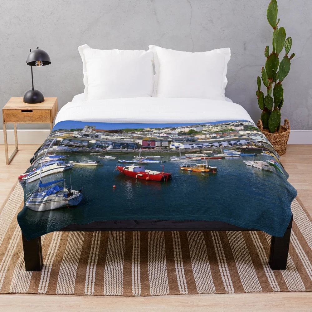 Brixham Harbour plush blanket featuring a picturesque coastal scene