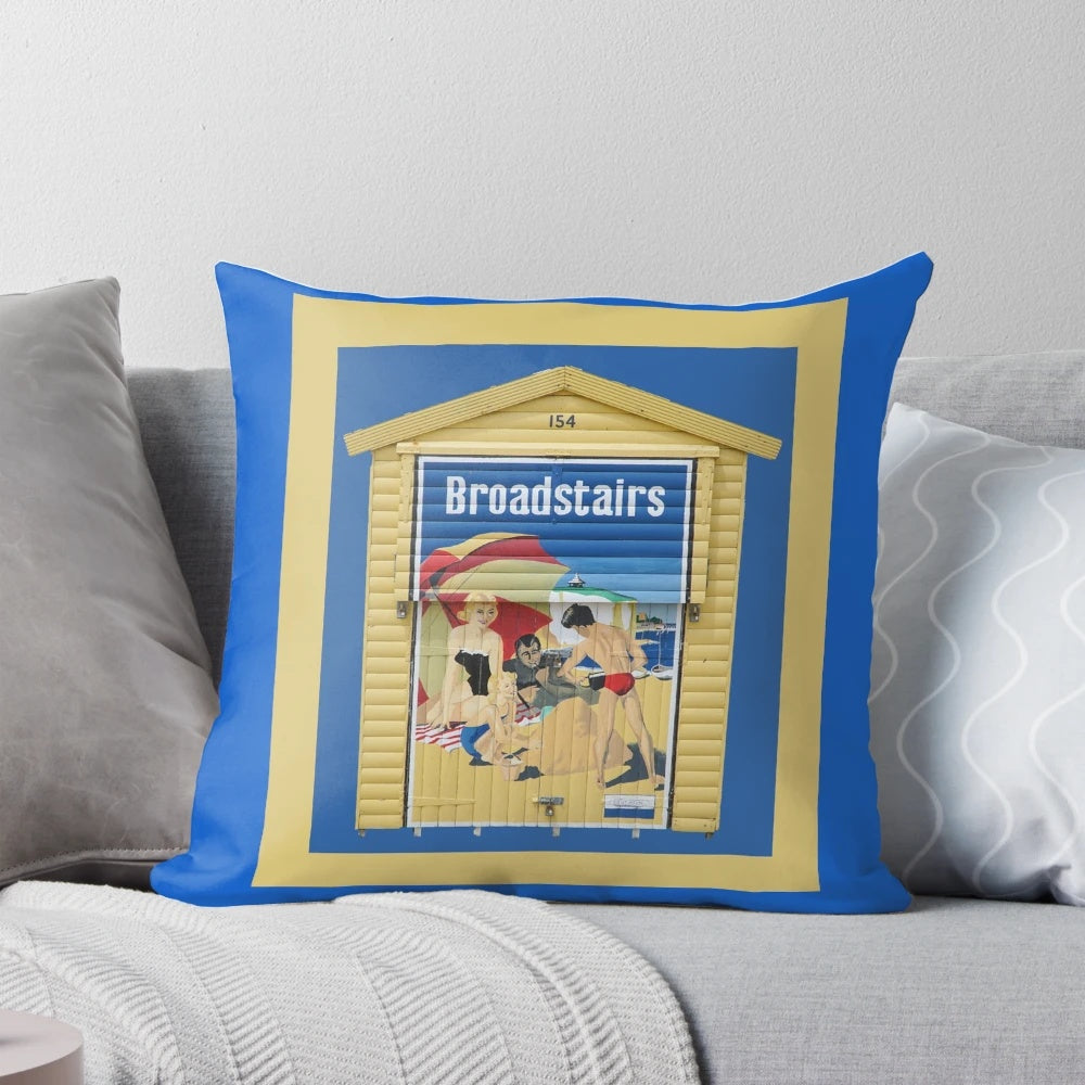 Broadstairs Beach Hut Pillow, a vibrant coastal home accent featuring a charming beach hut design.