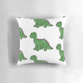 Soft and plush pillow featuring a cute brontosaurus dinosaur pattern in shades of green.