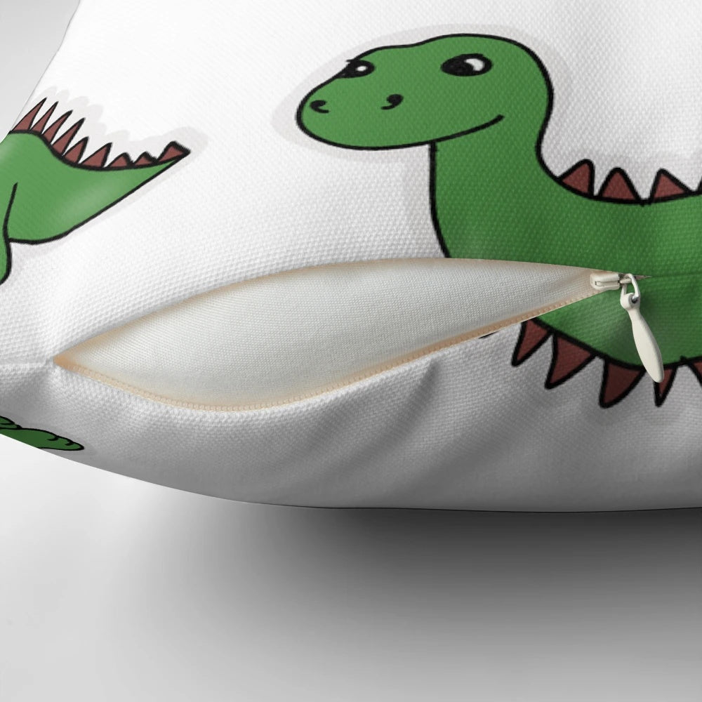 Soft and plush pillow featuring a cute brontosaurus dinosaur pattern in shades of green.