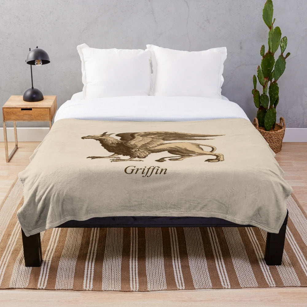 Brown and beige plush blanket depicting a majestic griffin, a legendary mythical creature