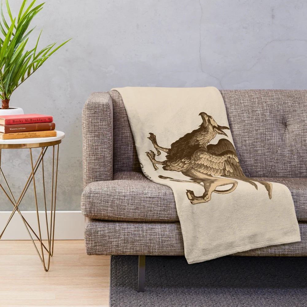 Brown and beige plush blanket depicting a majestic griffin, a legendary mythical creature