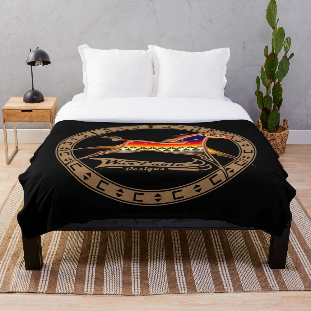 Brown horse plush blanket with native american cultural design