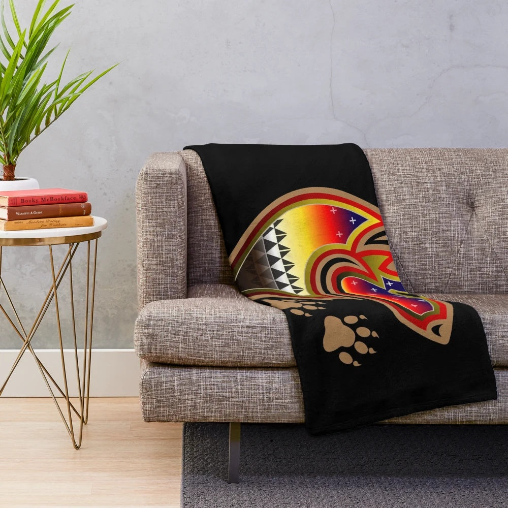 Brown wolf plush blanket featuring native american art and wildlife