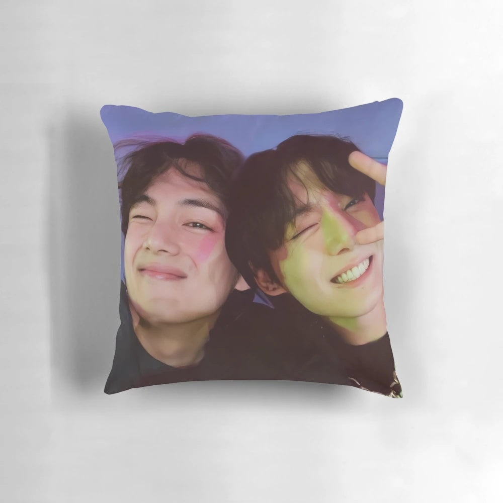 A soft and comfortable pillow featuring a selfie of BTS members Taehyung and Jungkook, also known as the Taekook ship.