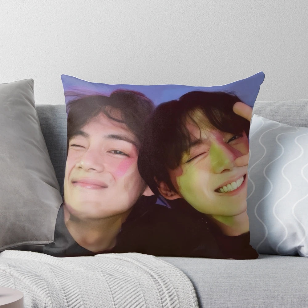 A soft and comfortable pillow featuring a selfie of BTS members Taehyung and Jungkook, also known as the Taekook ship.