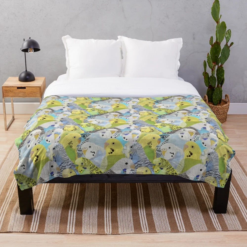 Cozy plush blanket featuring a charming budgie parakeet pattern design